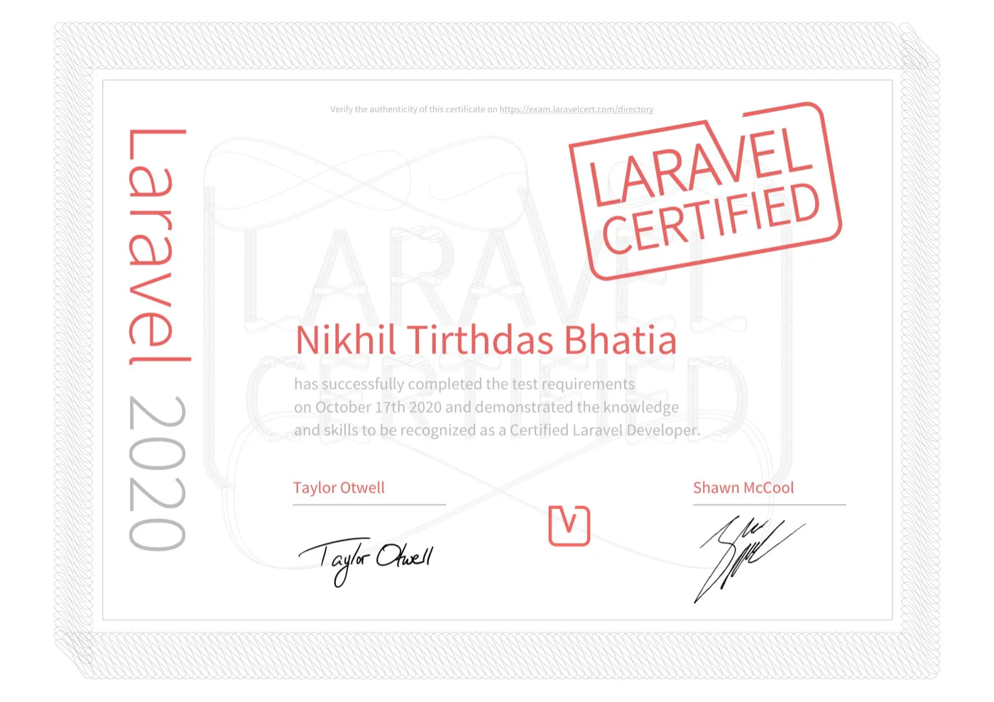 Laravel Certified Developer certificate issued to Nikhil Tirthdas Bhatia on 17 October 2020, signed by Taylor Otwell and Shawn McCool.